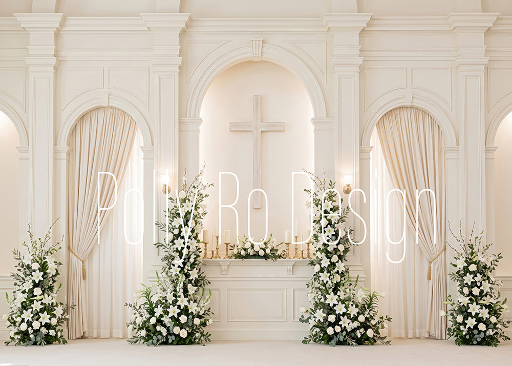 Avezano Elegant White Floral Church Photography Backdrop Designed By Polly Ro Design