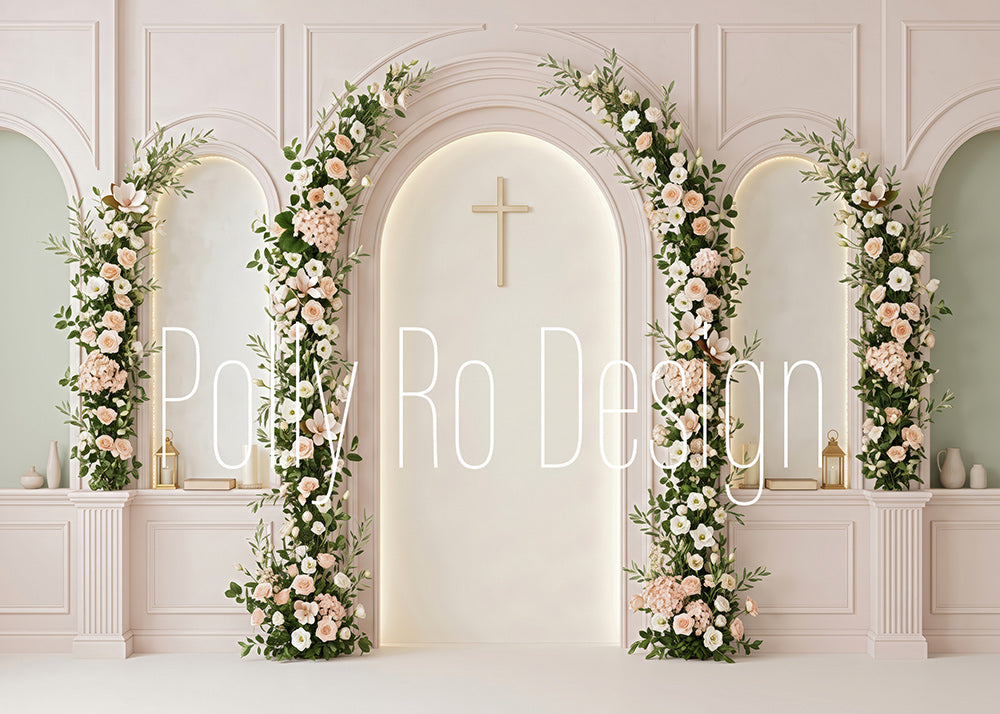 Avezano Soft Pink Church Floral Arch Photography Backdrop Designed By Polly Ro Design