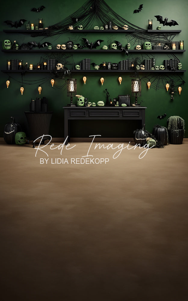 Avezano Dark Green Witch Library Halloween Photography Backdrop Designed By Lidia Redekopp