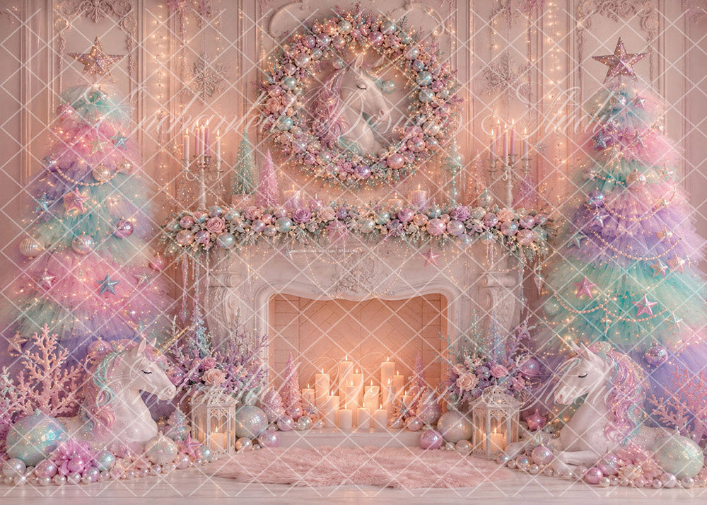 Avezano Pastel Unicorn Christmas Fireplace Backdrop Designed By Enchanted Design Studio