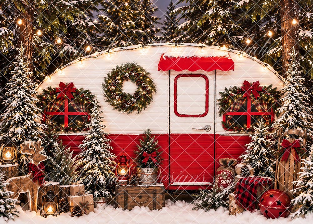 Avezano Retro Red White Christmas Camper Snow Scene Backdrop Designed By Enchanted Design Studio