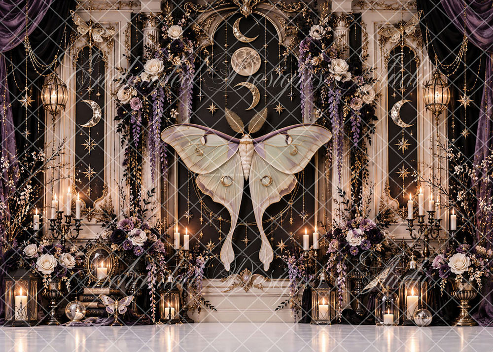 Avezano Gothic Luna Moth Moon Star Floral Backdrop Designed By Enchanted Design Studio