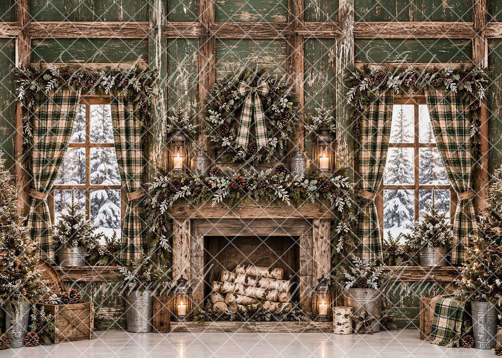 Avezano Vintage Green Plaid Fireplace Christmas Backdrop Designed By Enchanted Design Studio