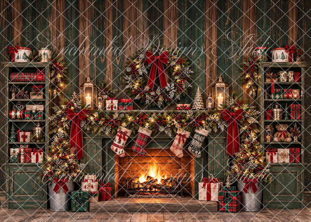 Avezano Green Wood Christmas Fireplace With Stockings Backdrop Designed By Enchanted Design Studio