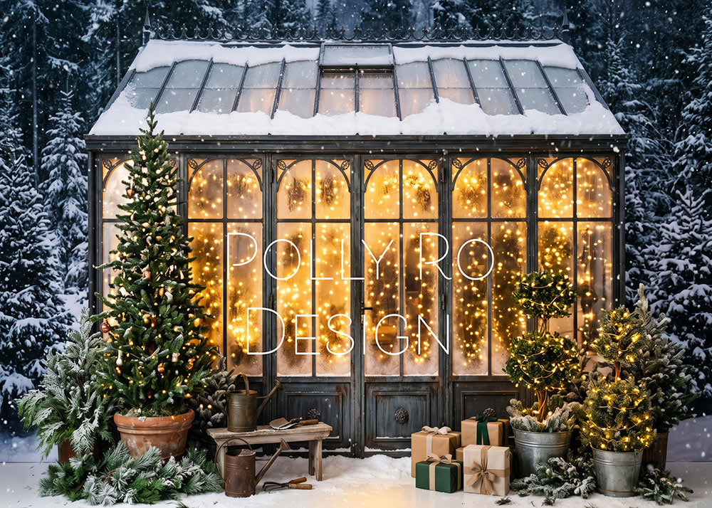 Avezano Snowy Greenhouse Warm Light Christmas Photography Backdrop Designed By Polly Ro Design