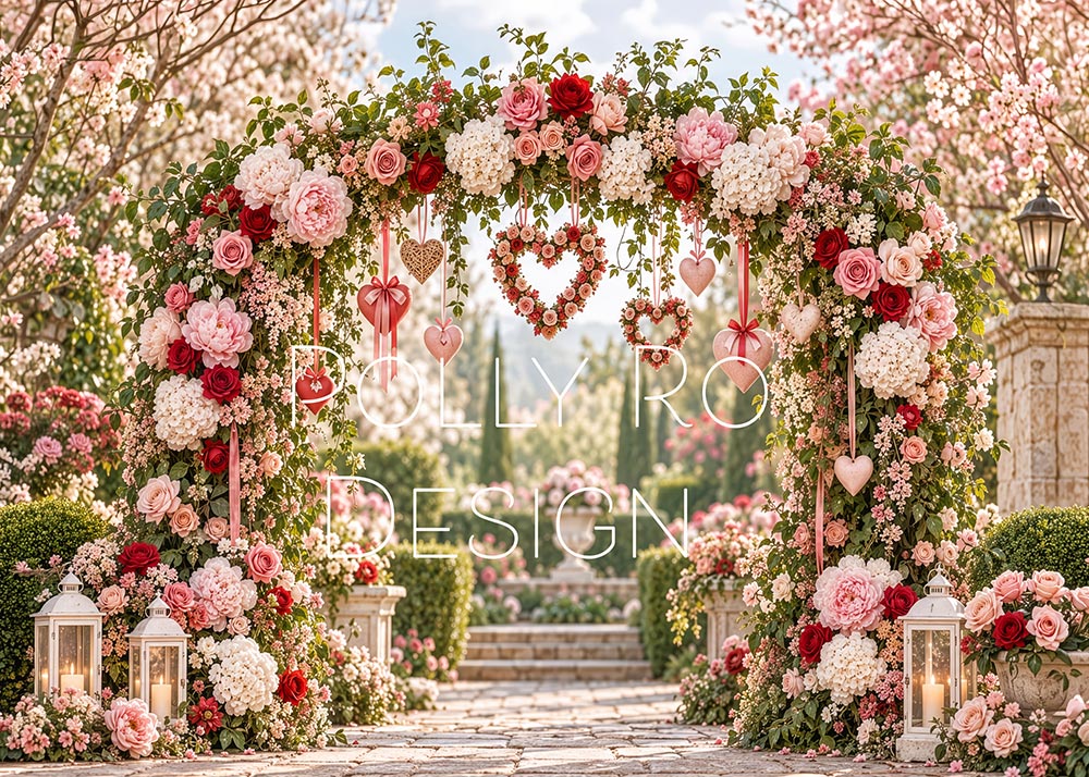 Toile de fond pour photographie de baiser de roses et de ballons de la Saint-Valentin d'Avezano conçue par Polly Ro Design
