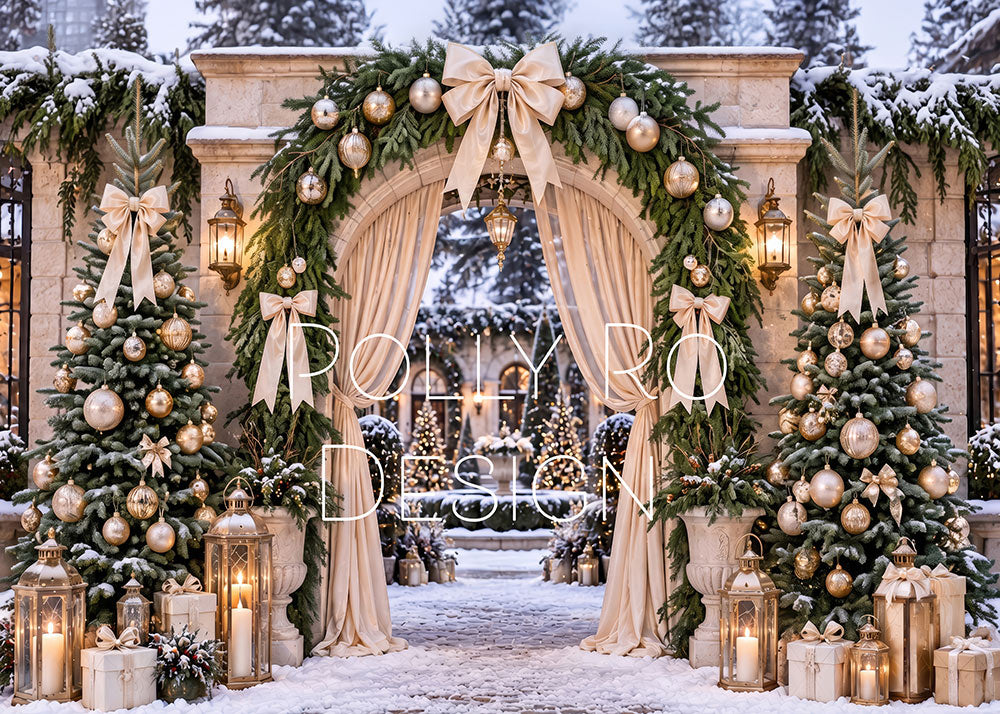 Avezano Snowy Stone Christmas Arch with Lanterns Photography Backdrop Designed By Polly Ro Design