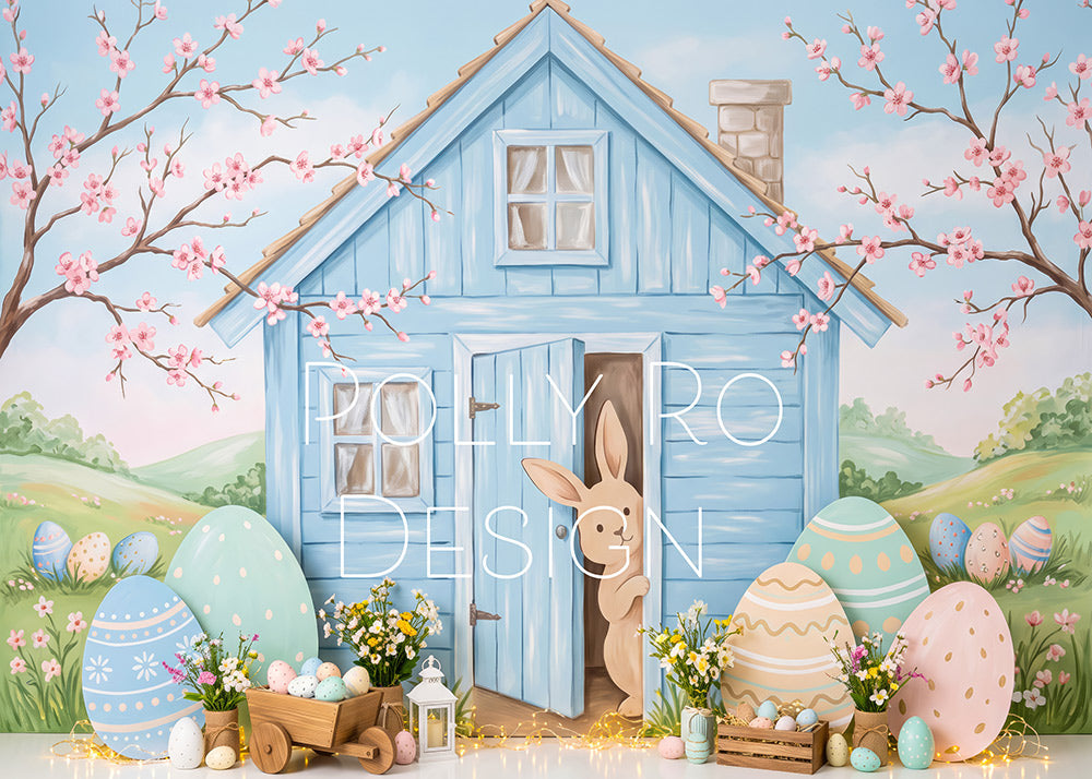 Avezano Blue Easter Bunny Cottage Cherry Blossom Photography Backdrop Designed By Polly Ro Design