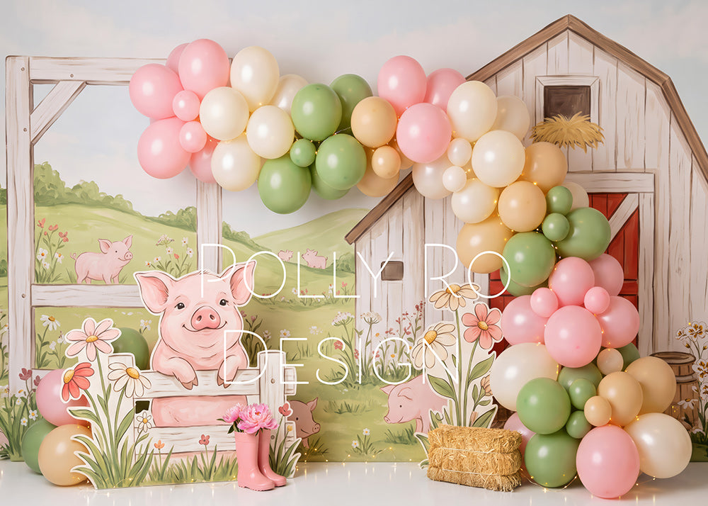 Avezano Farm Pig Barn Pastel Balloon Garland Photography Backdrop Designed By Polly Ro Design