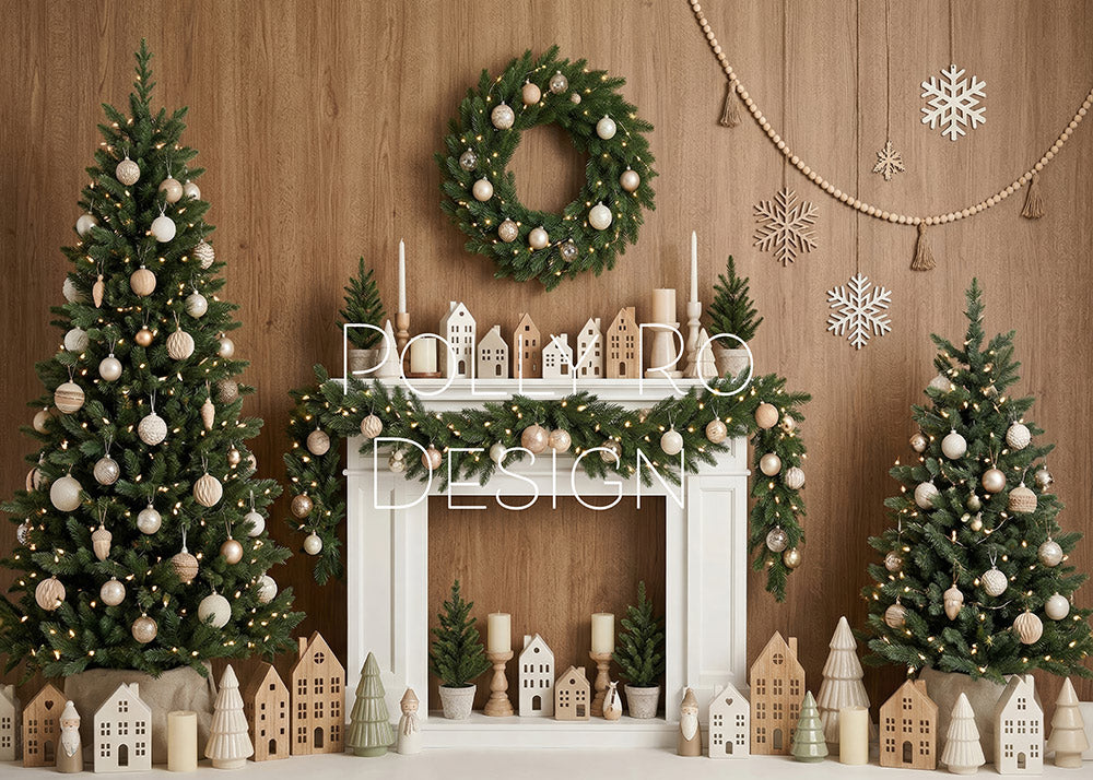 Avezano Neutral Wood Fireplace Christmas Village Photography Backdrop Designed By Polly Ro Design