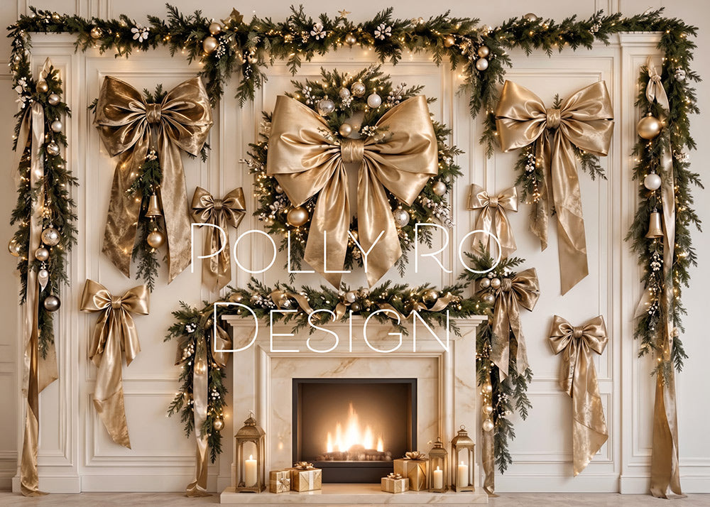 Avezano Gold Bow Fireplace Christmas Photography Backdrop Designed By Polly Ro Design