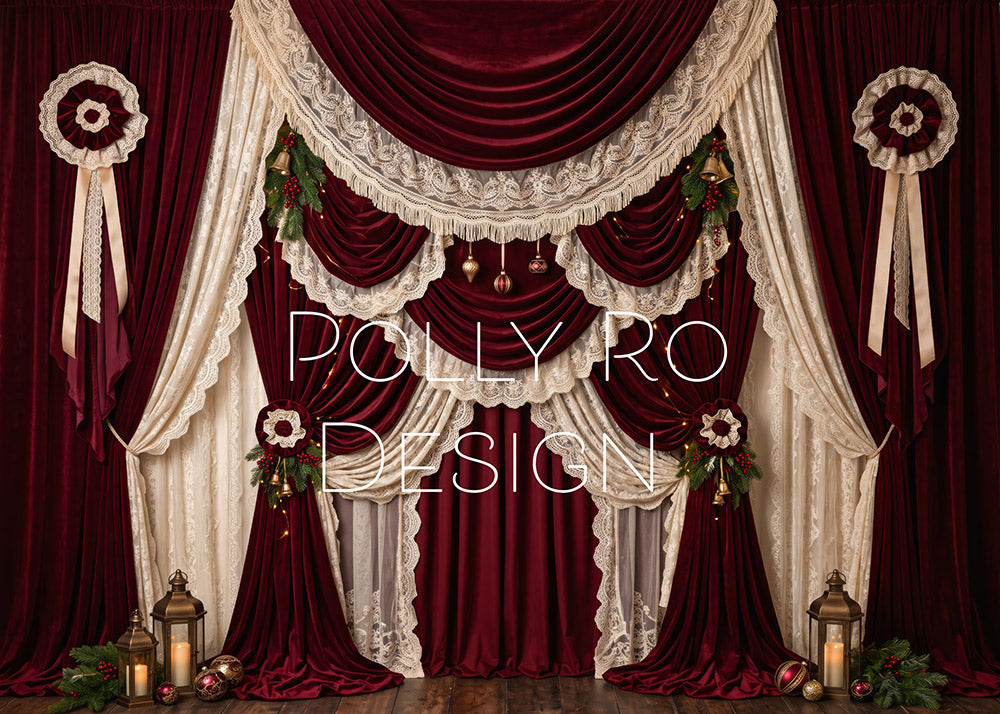 Avezano Burgundy Lace Curtain Vintage Christmas Photography Backdrop Designed By Polly Ro Design
