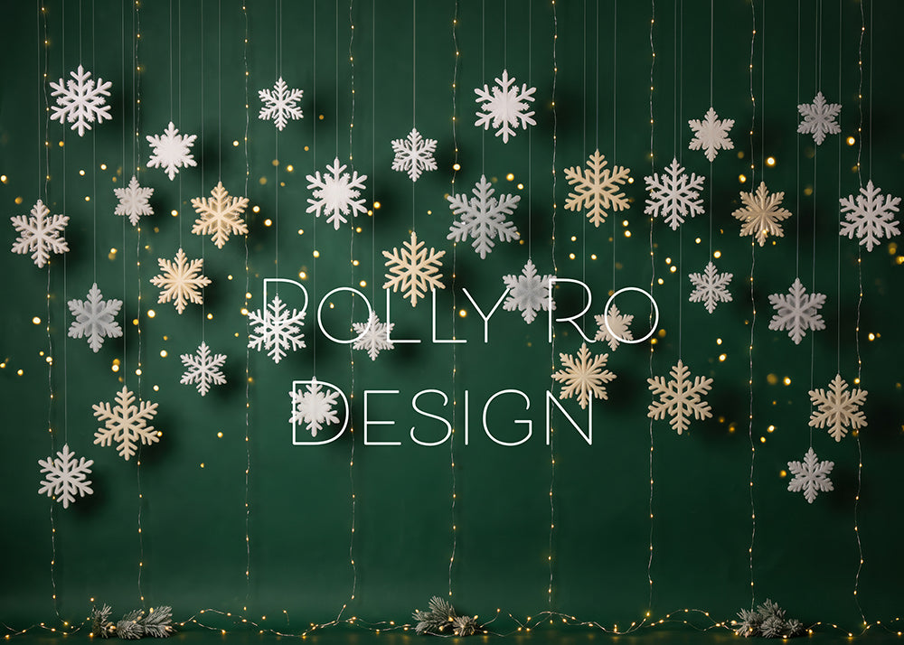 Avezano Dark Green Snowflake Fairy Light Christmas Photography Backdrop Designed By Polly Ro Design