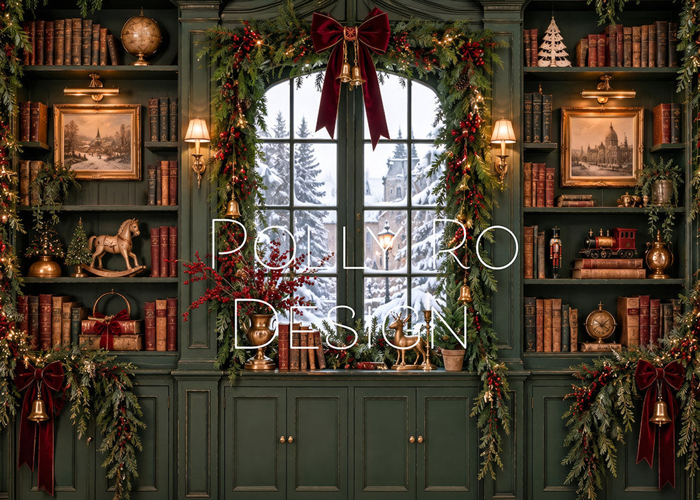 Avezano Vintage Library Window Green Christmas Photography Backdrop Designed By Polly Ro Design