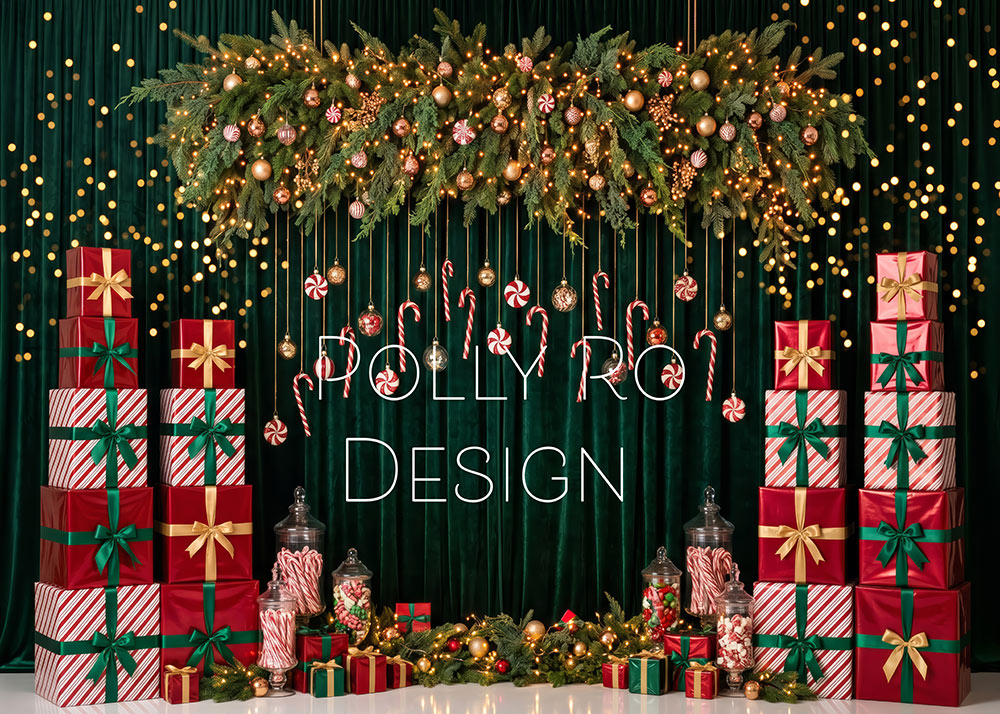 Avezano Dark Green Curtain Gift Box Candy Cane Christmas Photography Backdrop Designed By Polly Ro Design