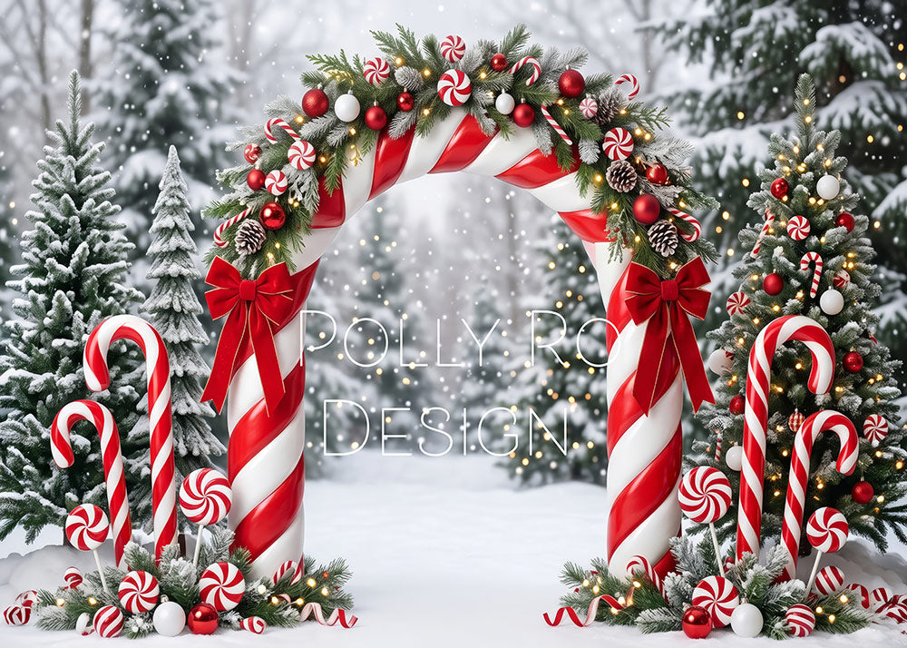 Avezano Candy Cane Arch Snowy Forest Christmas Photography Backdrop Designed By Polly Ro Design