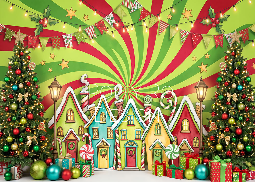 Avezano Whimsical Swirl Gingerbread House Christmas Photography Backdrop Designed By Polly Ro Design