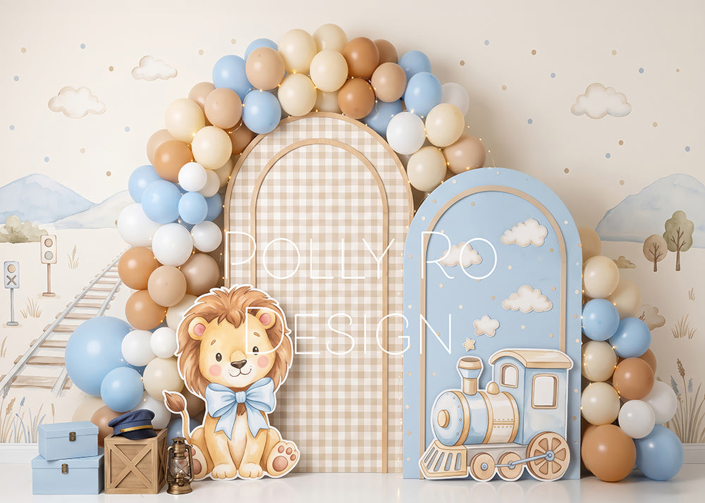 Avezano Blue Beige Balloon Lion Train Baby Birthday Photography Backdrop Designed By Polly Ro Design