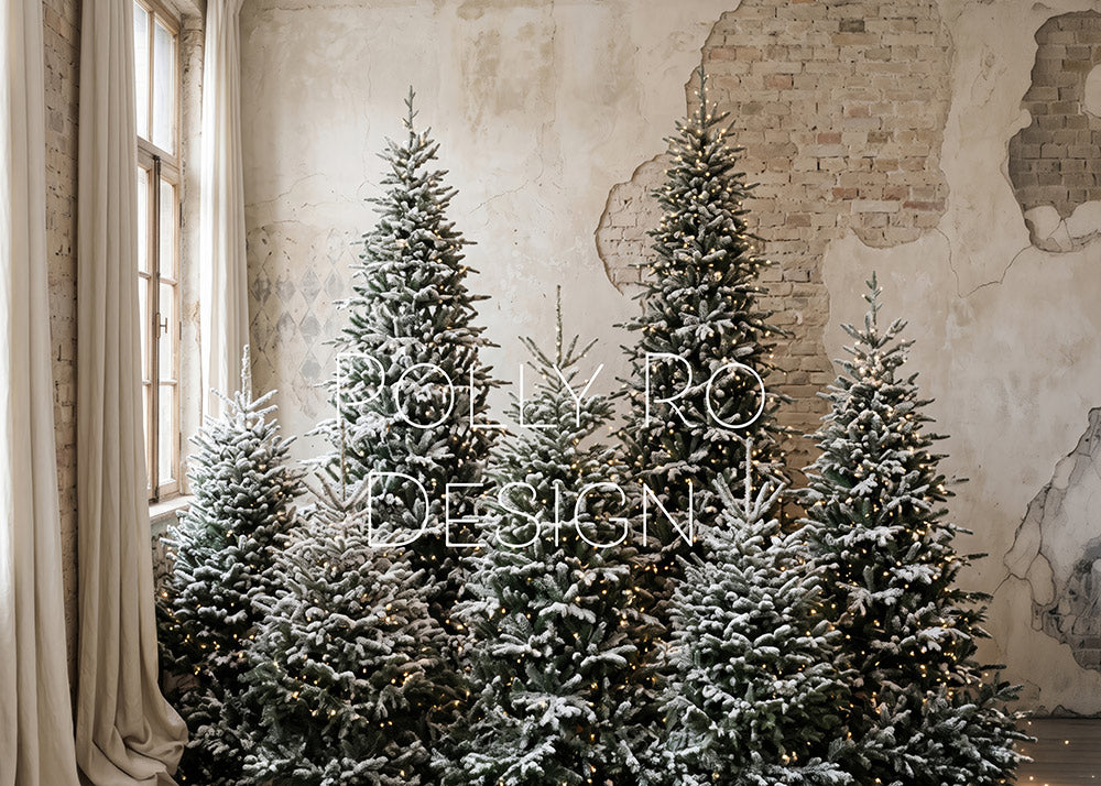 Avezano Worn Plaster Wall Flocked Snow Christmas Tree Photography Backdrop Designed By Polly Ro Design