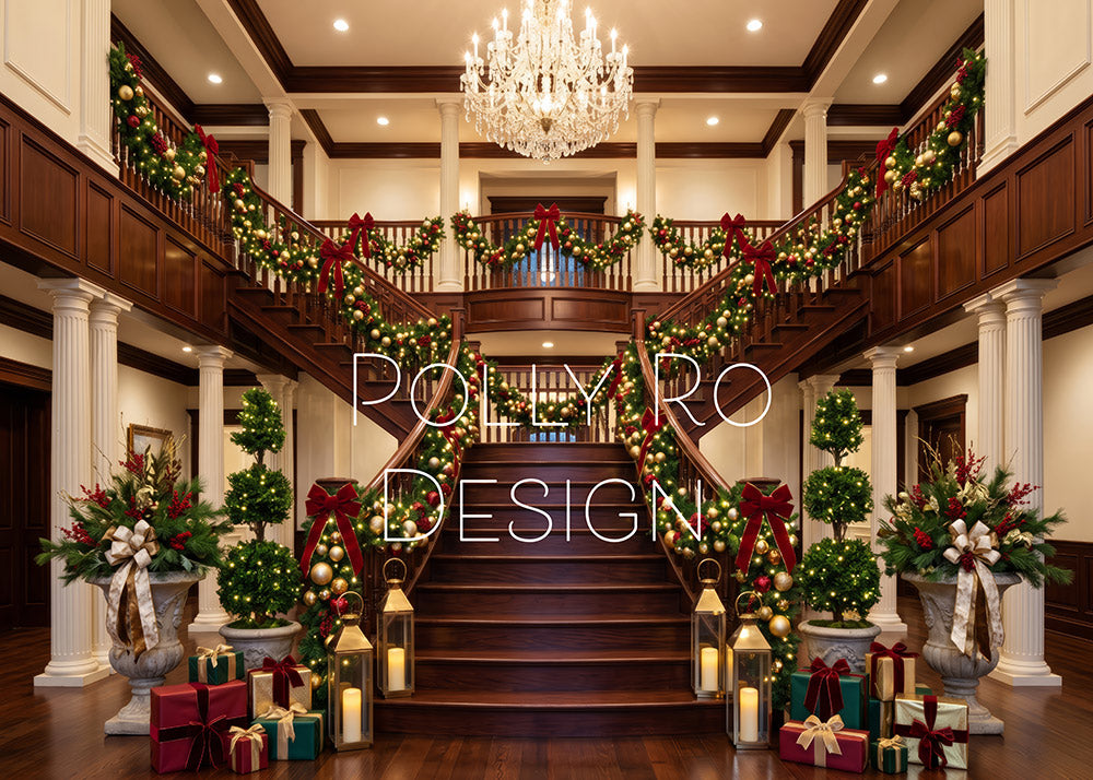 Avezano Luxury Wooden Staircase Christmas Garland Photography Backdrop Designed By Polly Ro Design