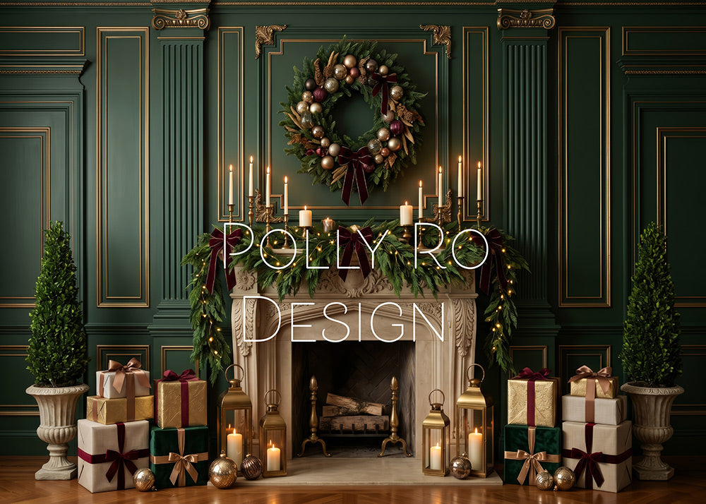 Avezano Dark Green Panel Fireplace Christmas Wreath Photography Backdrop Designed By Polly Ro Design