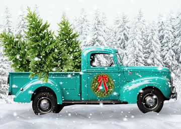 Avezano Winter Christmas Green Truck Photography Backdrop-AVEZANO