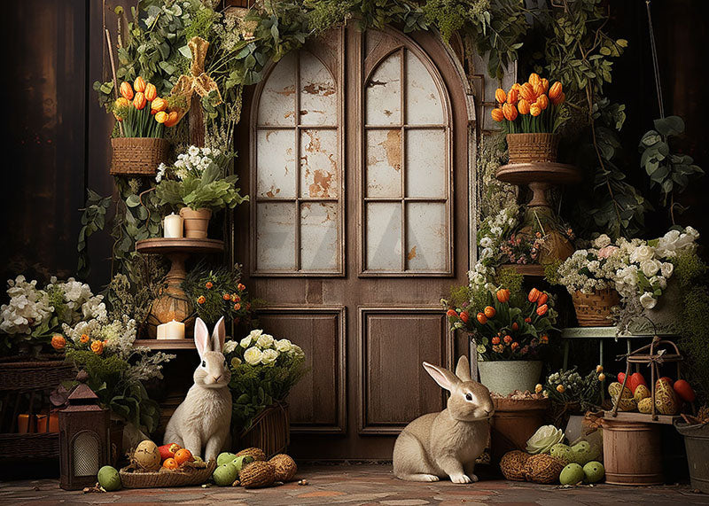 Avezano Spring Easter Retro Door and Green Plants Decoration Photography Backdrop