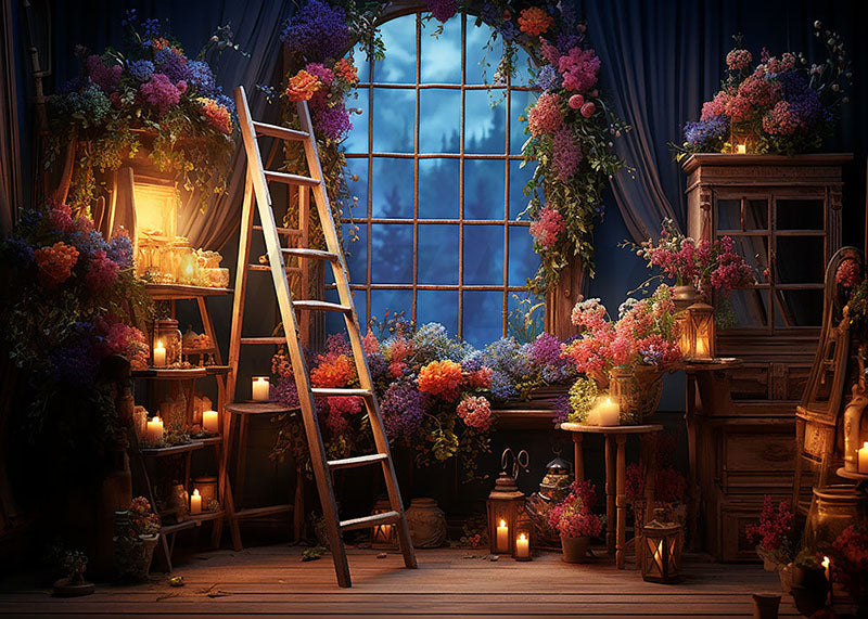 Avezano Spring Flower Room Plantes et bougies de fenêtre Toile de fond pour photographie