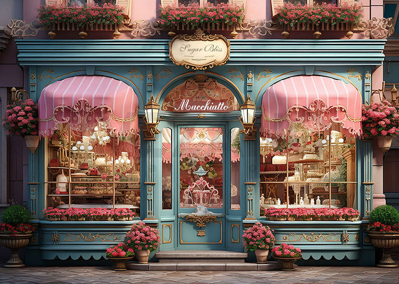 Avezano Spring Blue Shop and Flowers Photography Backdrop