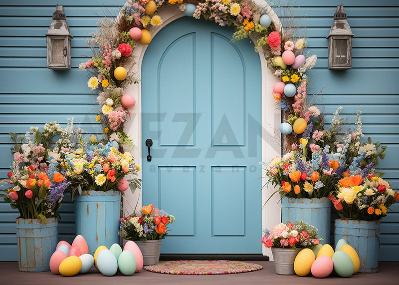 Avezano Spring Easter Blue Wooden Door Decoration Photography Backdrop