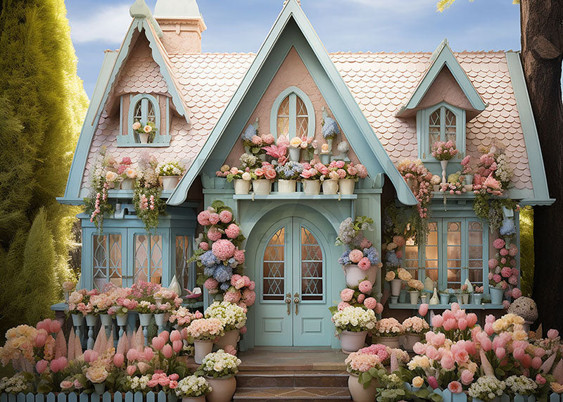 Avezano Spring Potted Flowers in Front of the Door House Photography Backdrop