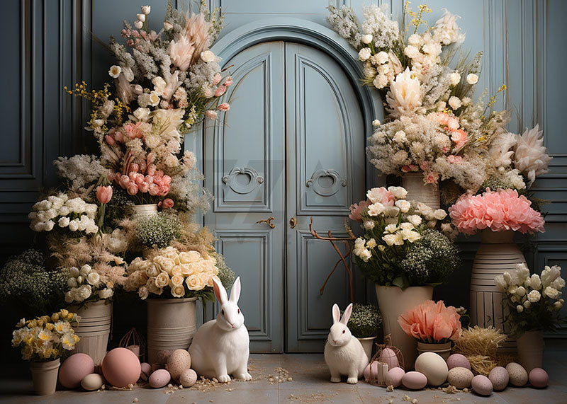 Toile de fond pour photographie de printemps de Pâques avec des fleurs en pot et un lapin d'Avezano