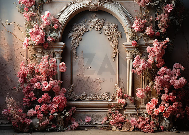 Toile de fond pour photographie de murs sculptés et de fleurs roses au printemps d'Avezano