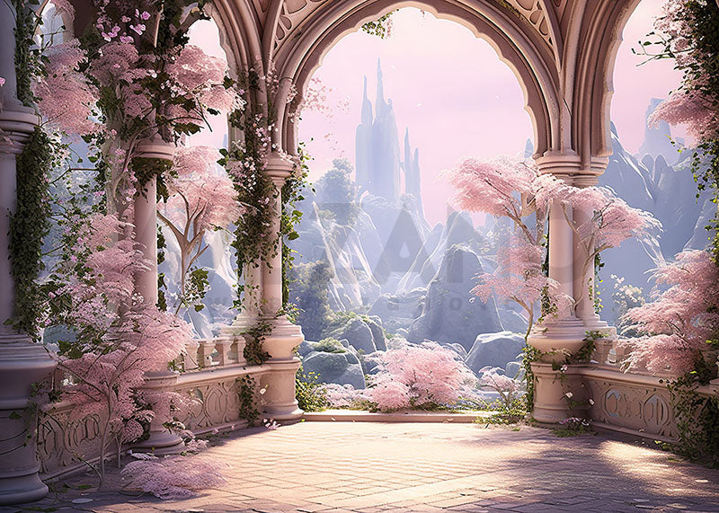 Toile de fond pour photographie de bâtiments roses printaniers d'Avezano