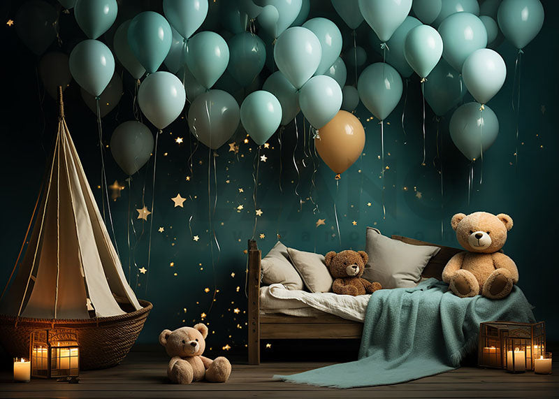 Fond de photographie d'anniversaire d'Avezano Blue Balloon Star et Bear