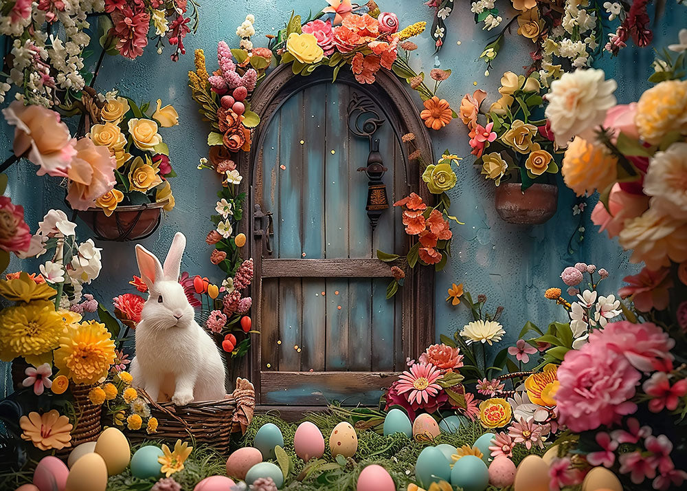 Toile de fond pour photographie de lapin et d'œufs de Pâques à Avezano