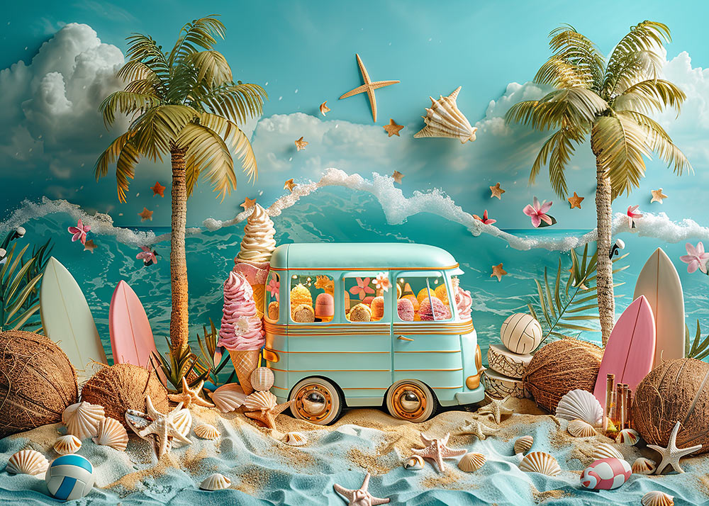 Avezano Summer Wave Shells and Ice Cream Truck Photography Backdrop
