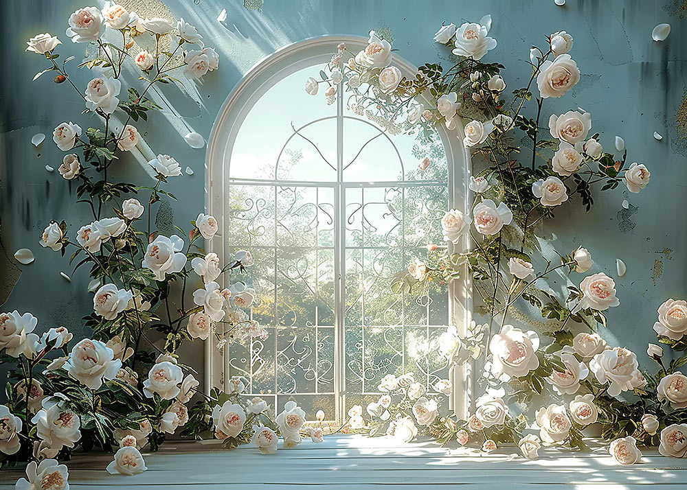 Avezano Spring white Flowers and Door Photography Backdrop