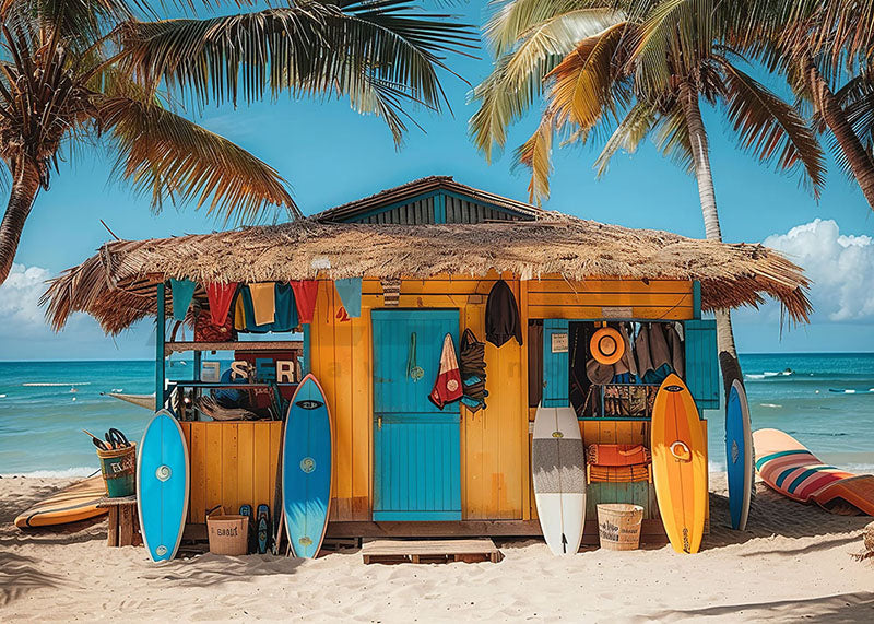 Toile de fond de photographie de la maison de couleur orange d'été d'Avezano sur la plage