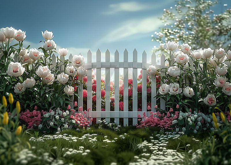 Toile de fond pour photographie de clôture de garde-corps du jardin printanier d'Avezano