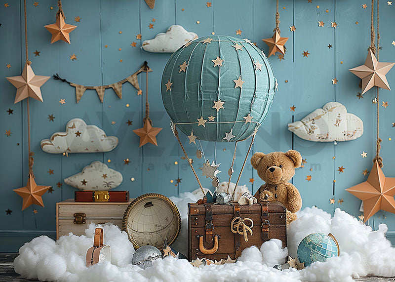 Fond de photographie d'anniversaire de montgolfière bleue Avezano