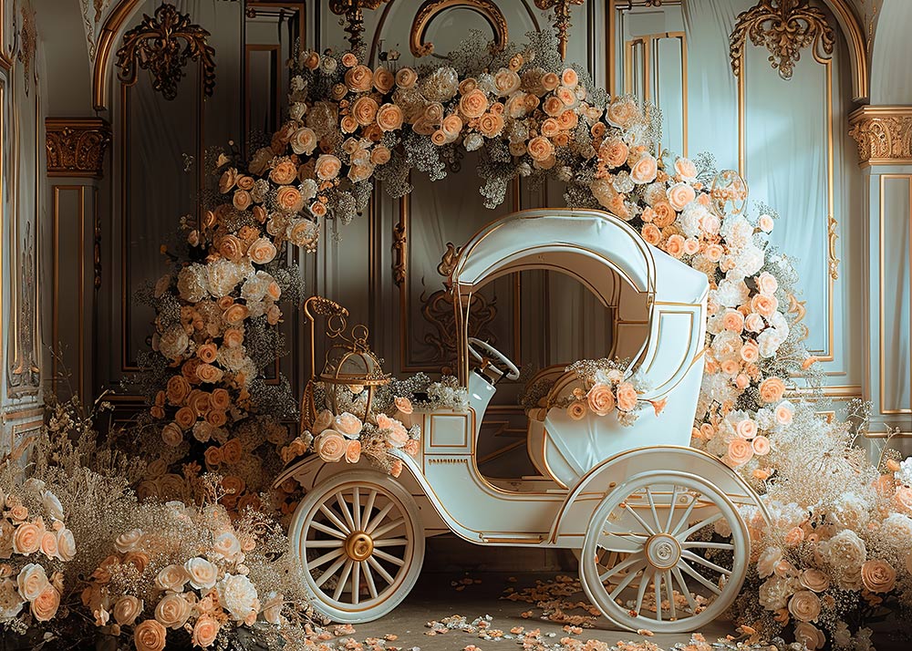 Toile de fond pour photographie de voiture blanche avec des fleurs printanières d'Avezano