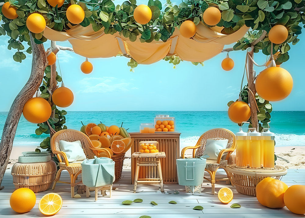 Toile de fond pour photographie de fête de jus d'orange sur la plage d'Avezano