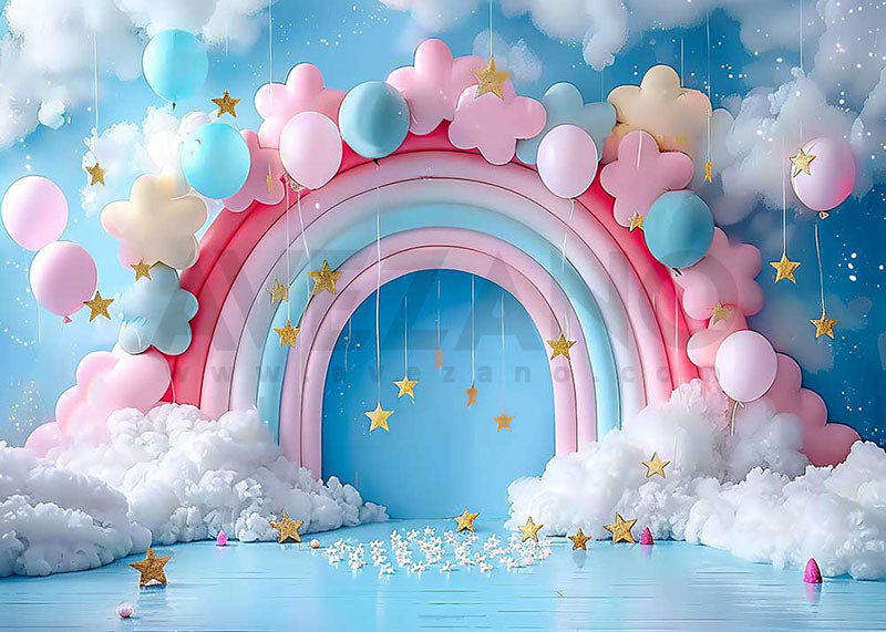 Arche arc-en-ciel d'Avezano et petites étoiles pour enfants, arrière-plan de photographie de fête d'anniversaire