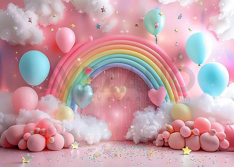Ballons roses Avezano et arc-en-ciel pour enfants - Photographie d'arrière-plan pour fête d'anniversaire