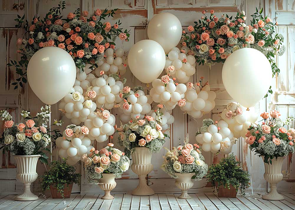 Fond de photographie de roses et de ballons pour une fête de mariage bohème d'Avezano