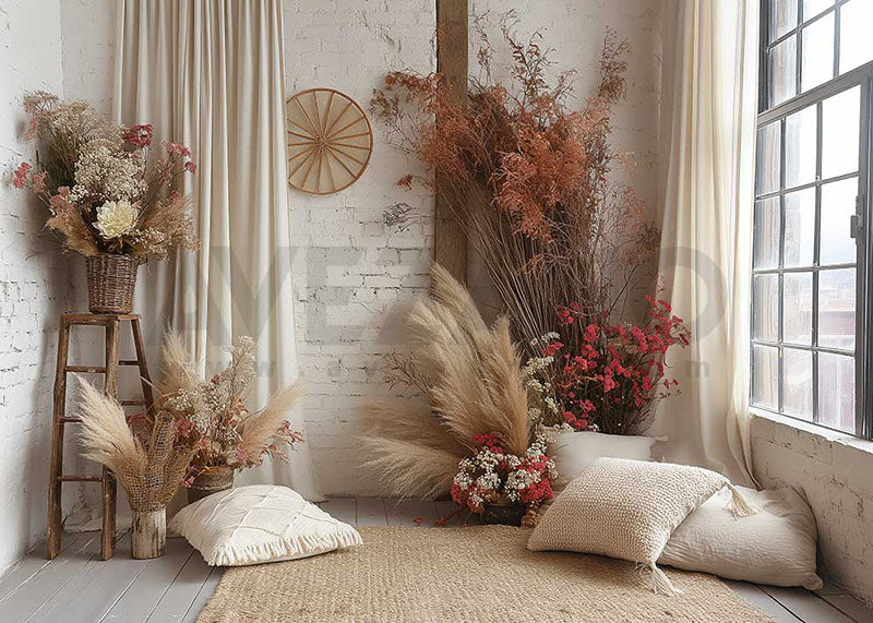 Avezano Bohemian Red Flowers Window Room Photography Backdrop