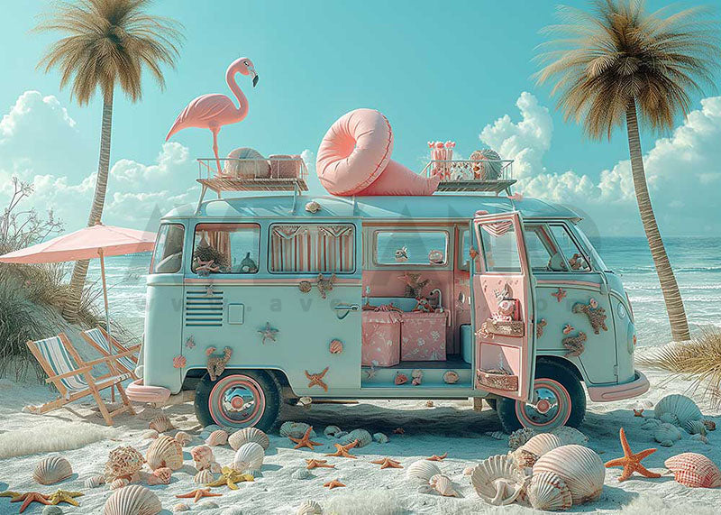 Toile de fond pour photographie de camion de voyage bleu sur la plage d'été d'Avezano