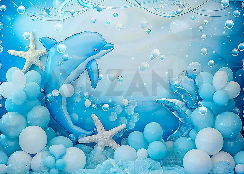 Toile de fond pour photographie de fête d'anniversaire avec des dauphins et des ballons d'été d'Avezano