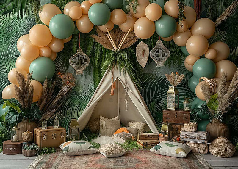 Avezano Balloon Arch and Boho Jungle Tent Cake Smash Photography Background